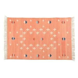 Handwoven Peachy Patterned Cotton Rug with Fringes