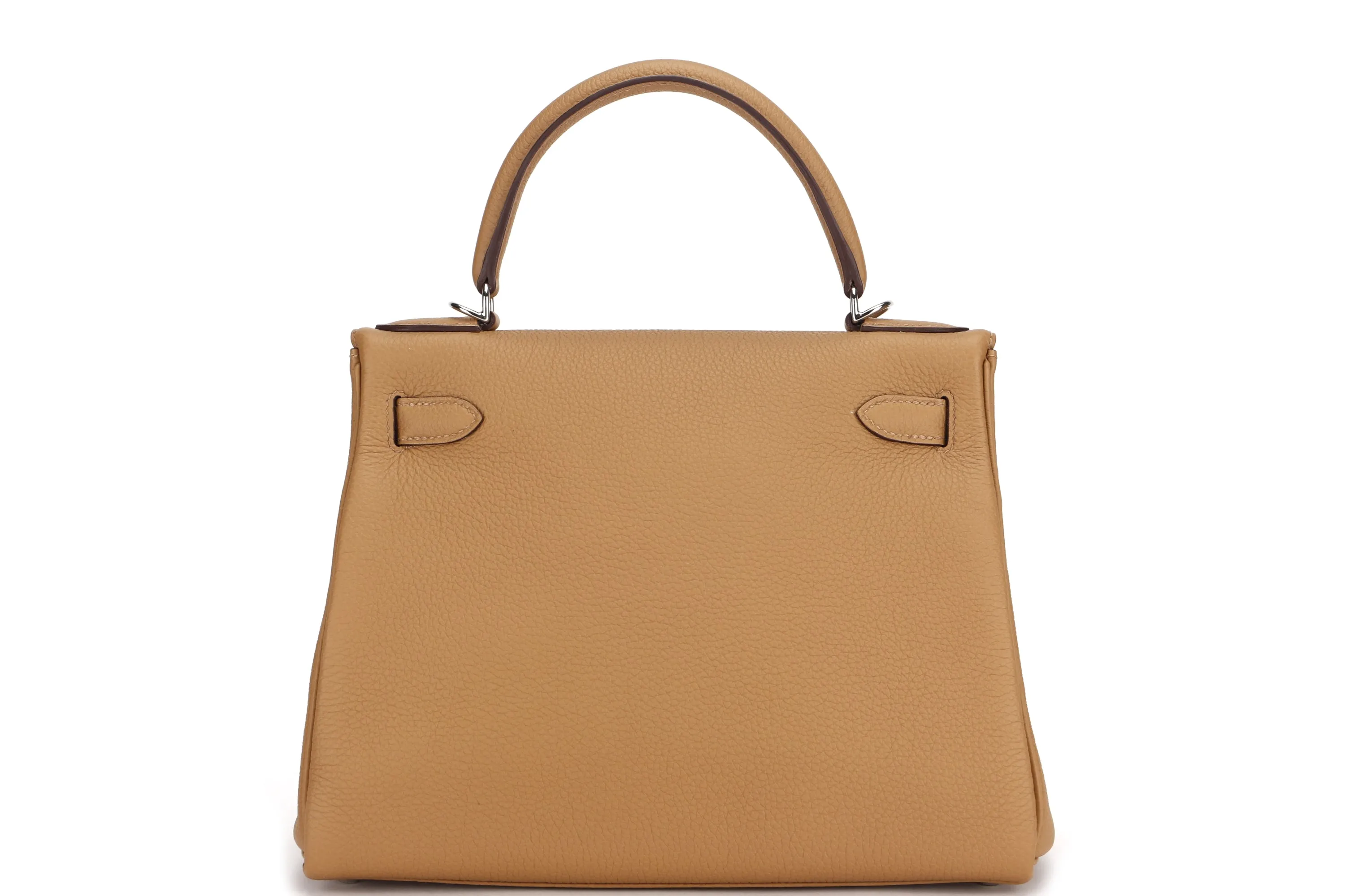 HERMES KELLY 28CM (STAMP U) BISCUIT COLOR TOGO LEATHER SILVER HARDWARE, WITH STRAP, LOCK, KEYS, RAINCOAT, DUST COVER & BOX