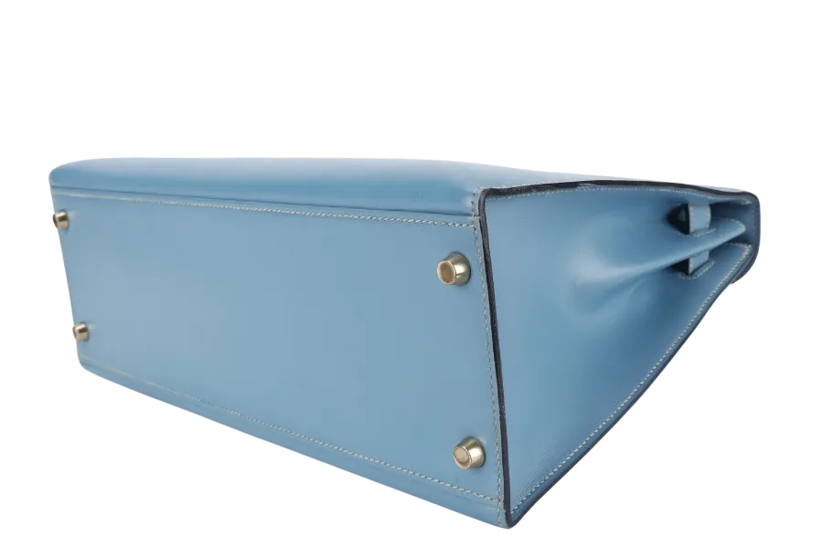 HERMES KELLY 32 BLUE JEAN BOX LEATHER GOLD HARDWARE STAMP A (YEAR 1997) WITH STRAPS, KEYS AND LOCK