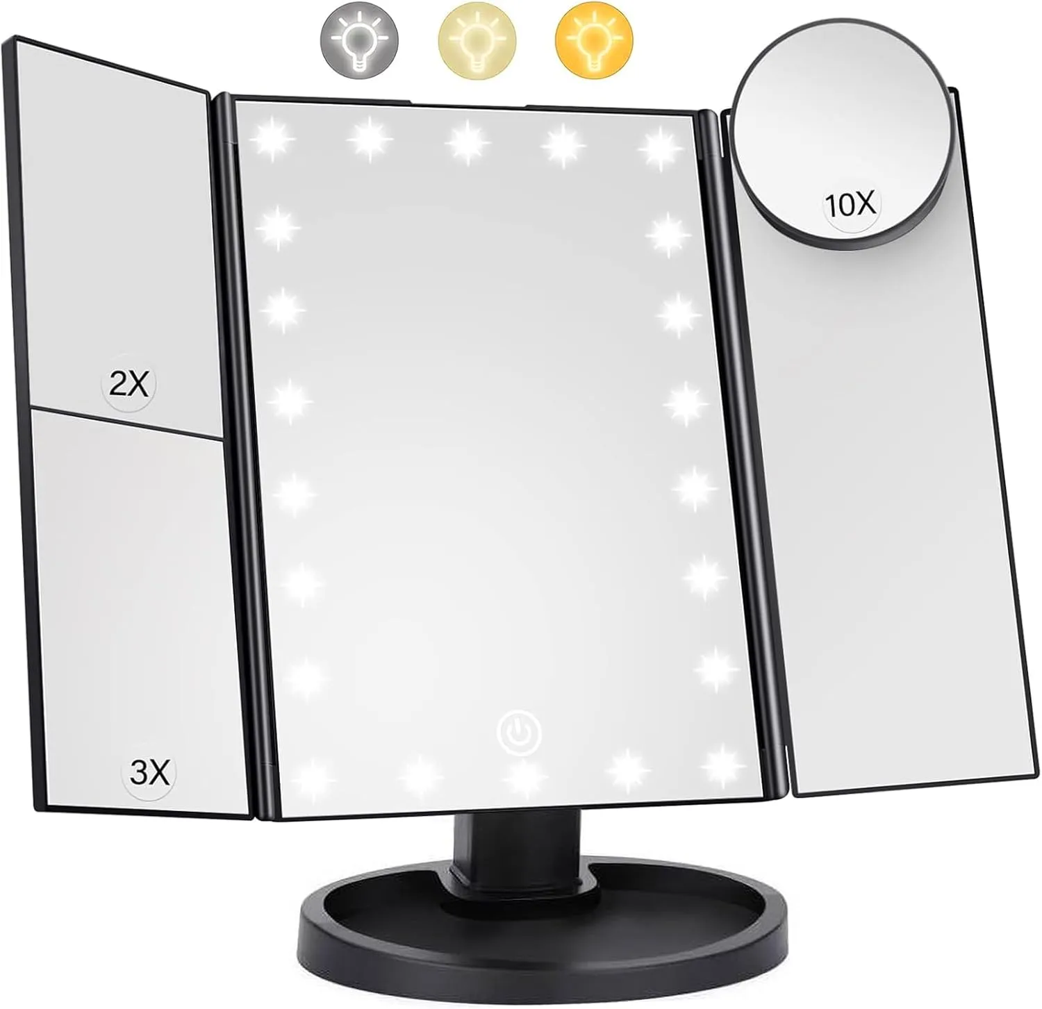 HIYAA Lighted Makeup Mirror with 22 LED Lights- Black- new but open scruffy box, dusty, missing battery cover- tested