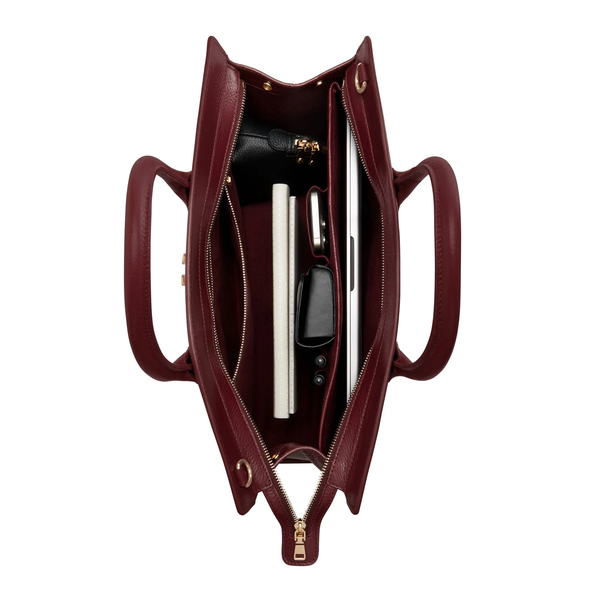 Honoré Nadine bordeaux red calfskin leather handbag with 16.4 inch laptop compartment