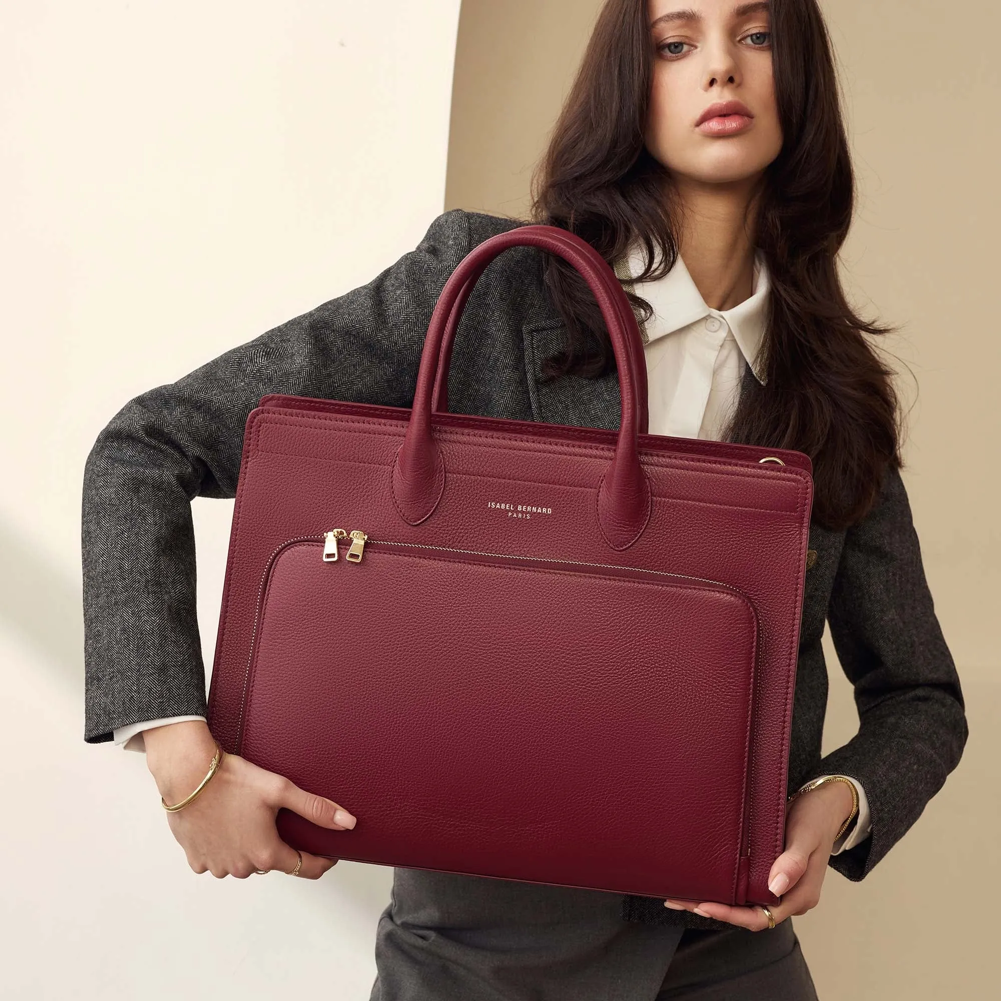 Honoré Nadine bordeaux red calfskin leather handbag with 16.4 inch laptop compartment