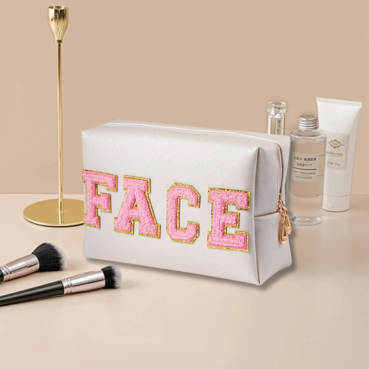 Ikosora College Style Makeup Bag, Chenille Letter Patch Cosmetic Bag, PU Leather Portable Makeup Bag, Waterproof Makeup Bag for Teenage Girls,Travel Cosmetic Zipper Organizer
