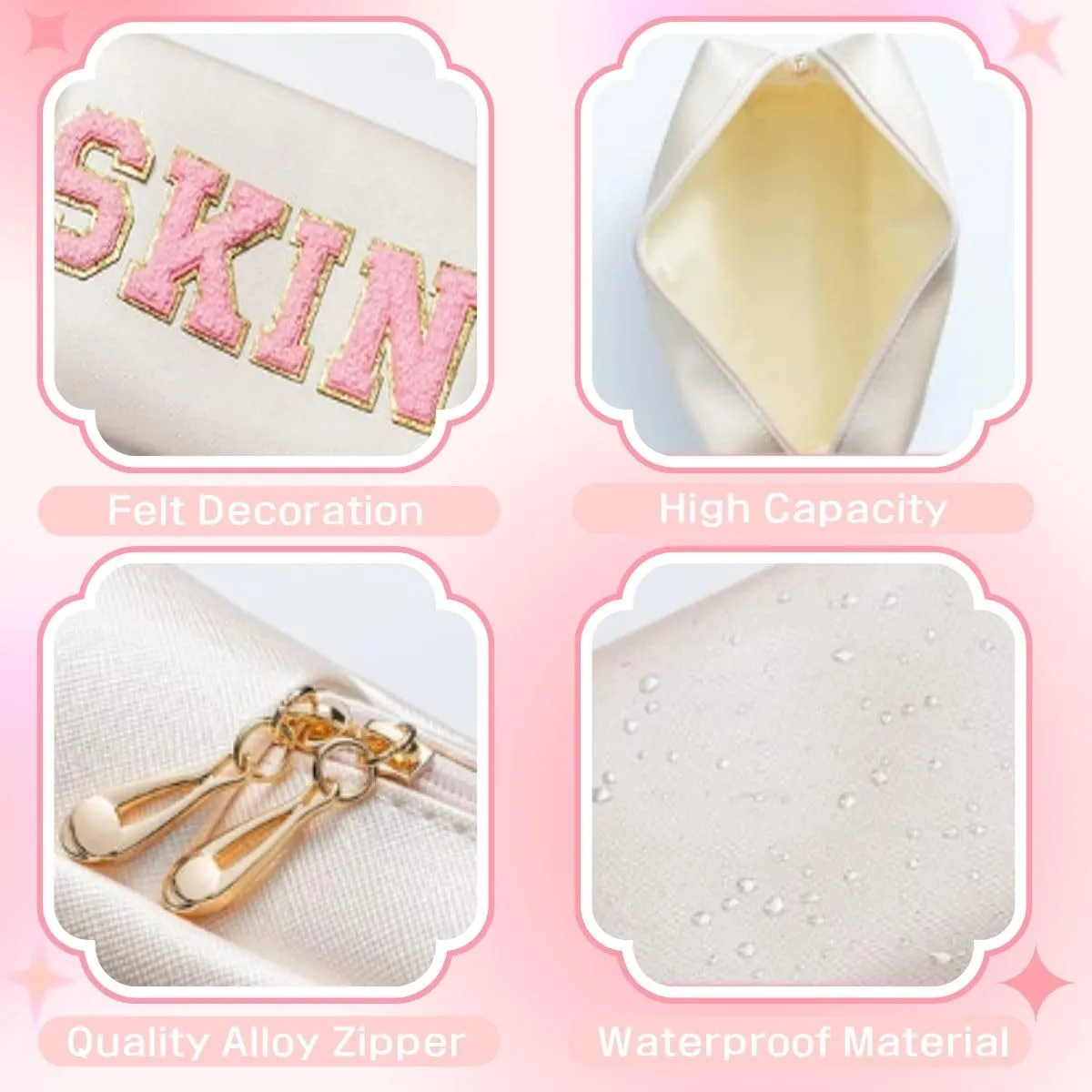 Ikosora College Style Makeup Bag, Chenille Letter Patch Cosmetic Bag, PU Leather Portable Makeup Bag, Waterproof Makeup Bag for Teenage Girls,Travel Cosmetic Zipper Organizer