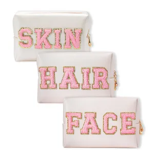 Ikosora College Style Makeup Bag, Chenille Letter Patch Cosmetic Bag, PU Leather Portable Makeup Bag, Waterproof Makeup Bag for Teenage Girls,Travel Cosmetic Zipper Organizer