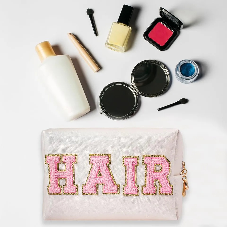 Ikosora College Style Makeup Bag, Chenille Letter Patch Cosmetic Bag, PU Leather Portable Makeup Bag, Waterproof Makeup Bag for Teenage Girls,Travel Cosmetic Zipper Organizer