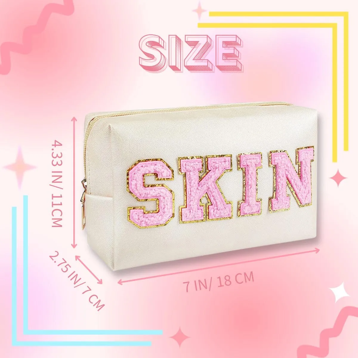 Ikosora College Style Makeup Bag, Chenille Letter Patch Cosmetic Bag, PU Leather Portable Makeup Bag, Waterproof Makeup Bag for Teenage Girls,Travel Cosmetic Zipper Organizer