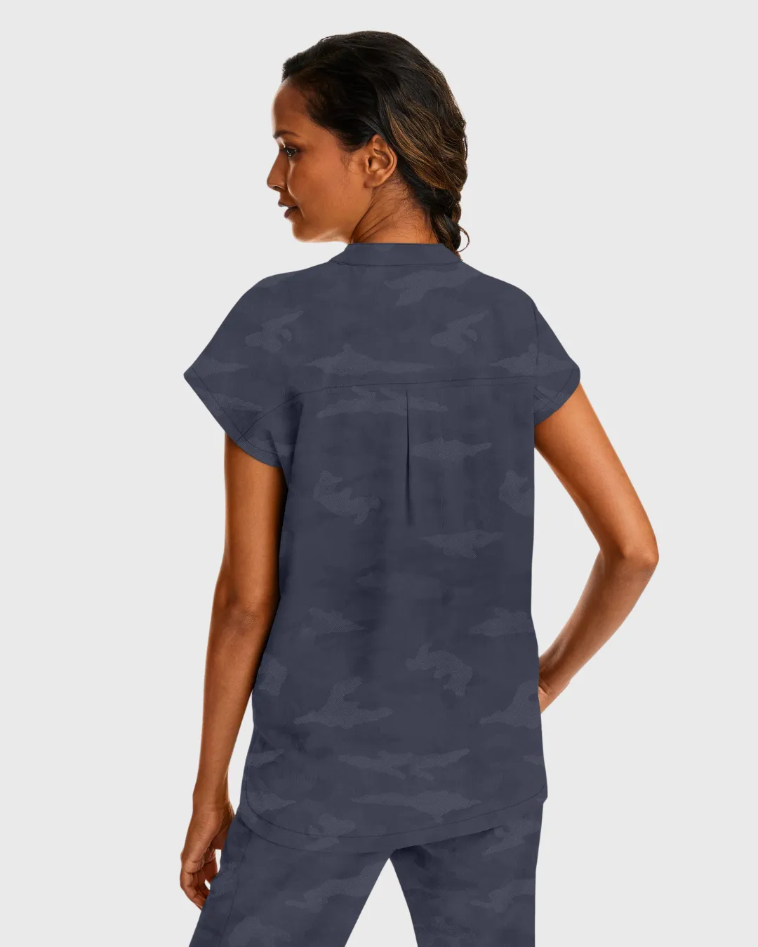 Journey Women's Mandarin Collar Camo Print Scrub Top - Pewter - 2352