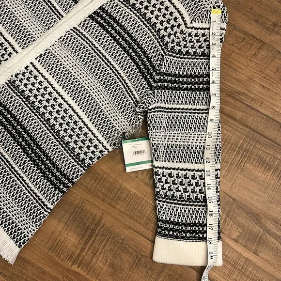 Kasper Women’s Open Front Cardigan Black/White striped pattern 3/4 sleeve Size L