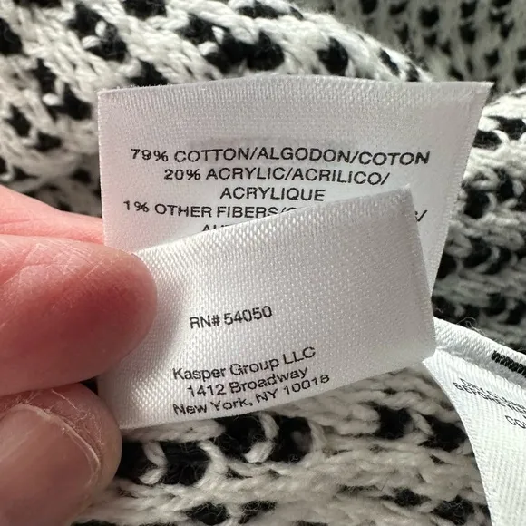 Kasper Women’s Open Front Cardigan Black/White striped pattern 3/4 sleeve Size L