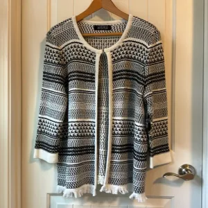 Kasper Women’s Open Front Cardigan Black/White striped pattern 3/4 sleeve Size L