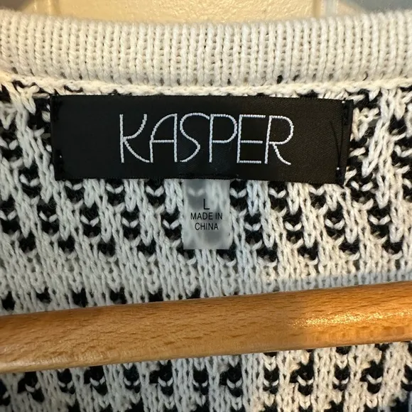 Kasper Women’s Open Front Cardigan Black/White striped pattern 3/4 sleeve Size L