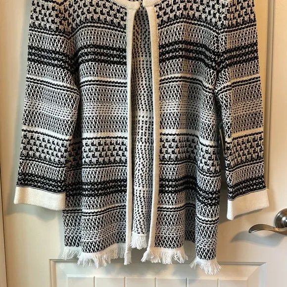 Kasper Women’s Open Front Cardigan Black/White striped pattern 3/4 sleeve Size L