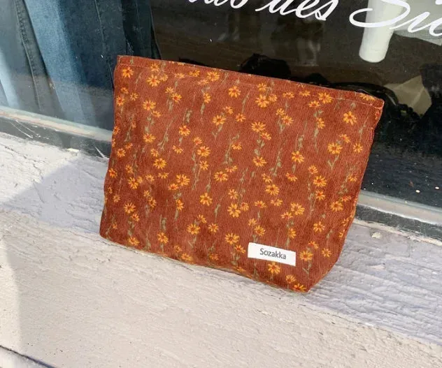 Kawaii Corduroy Floral Makeup Clutch Bag 🌸✨ | Cute Cosmetic Organizer for Women 🎀💄