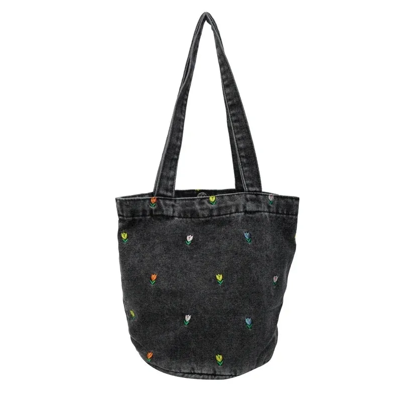 Kawaii Embroidered Denim Bucket Bag 🌸✨ - Trendy Large Capacity Shoulder Tote for 2024!