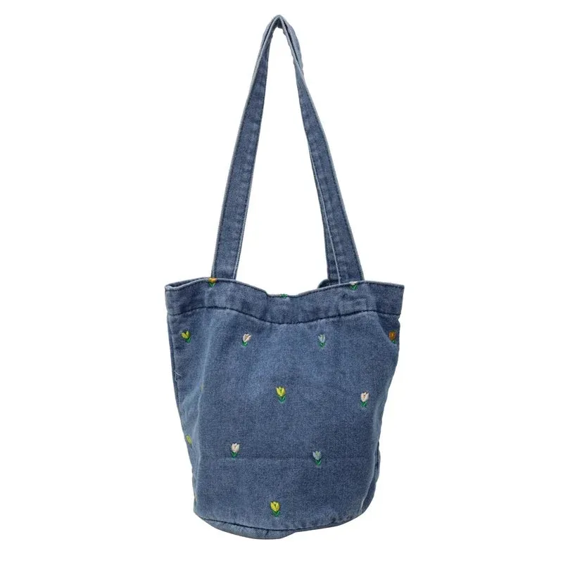 Kawaii Embroidered Denim Bucket Bag 🌸✨ - Trendy Large Capacity Shoulder Tote for 2024!