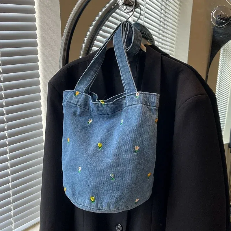 Kawaii Embroidered Denim Bucket Bag 🌸✨ - Trendy Large Capacity Shoulder Tote for 2024!