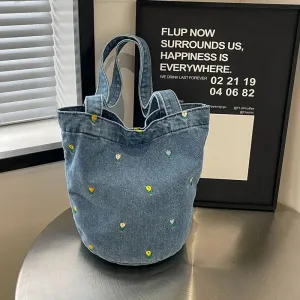 Kawaii Embroidered Denim Bucket Bag 🌸✨ - Trendy Large Capacity Shoulder Tote for 2024!