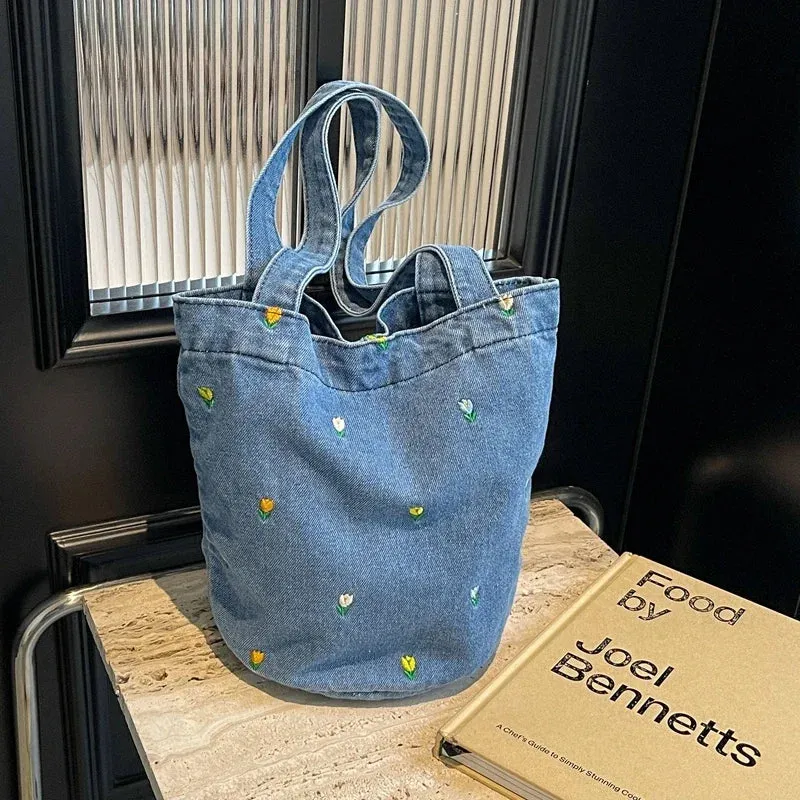 Kawaii Embroidered Denim Bucket Bag 🌸✨ - Trendy Large Capacity Shoulder Tote for 2024!