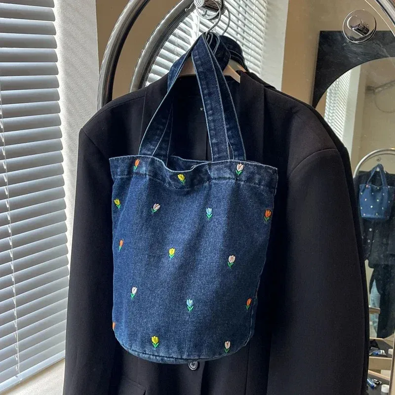 Kawaii Embroidered Denim Bucket Bag 🌸✨ - Trendy Large Capacity Shoulder Tote for 2024!