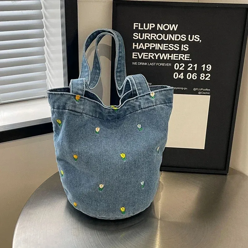 Kawaii Embroidered Denim Bucket Bag 🌸✨ - Trendy Large Capacity Shoulder Tote for 2024!