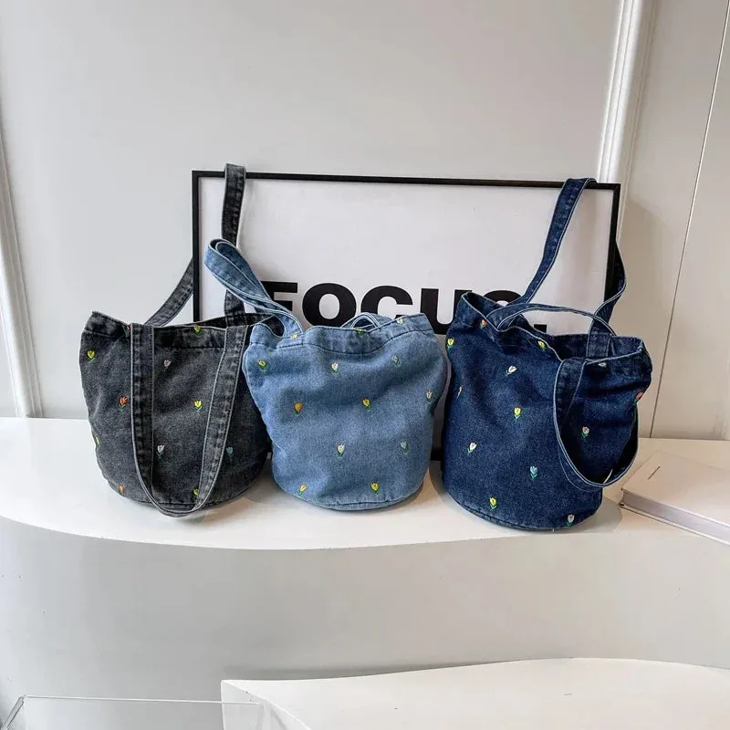 Kawaii Embroidered Denim Bucket Bag 🌸✨ - Trendy Large Capacity Shoulder Tote for 2024!