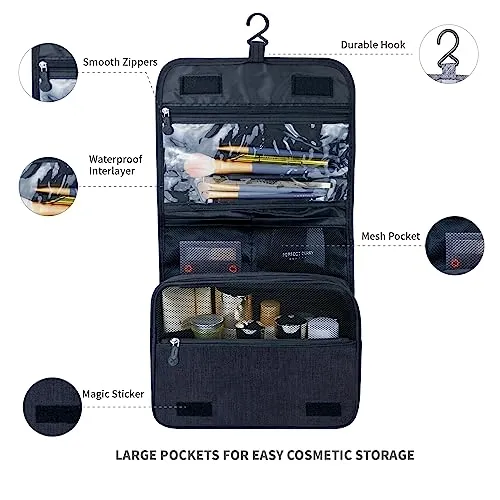 Lcsmaokin Large Capacity Toiletry Bag Travel Bag with Hanging Hook for Men and Women Waterproof Travel Cosmetic Bag Bathroom Storage Bag for Brushes Set,Full-Sized Shampoo,Toiletries,Accessories-Grey