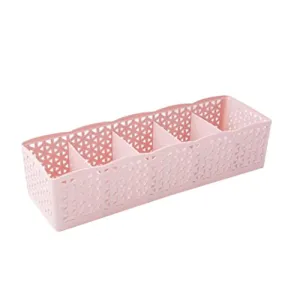 Leegor 5 Cells Plastic Organizer Storage Box Tie Bra Socks Drawer Cosmetic Divider Can be Stacked Container (Pink)