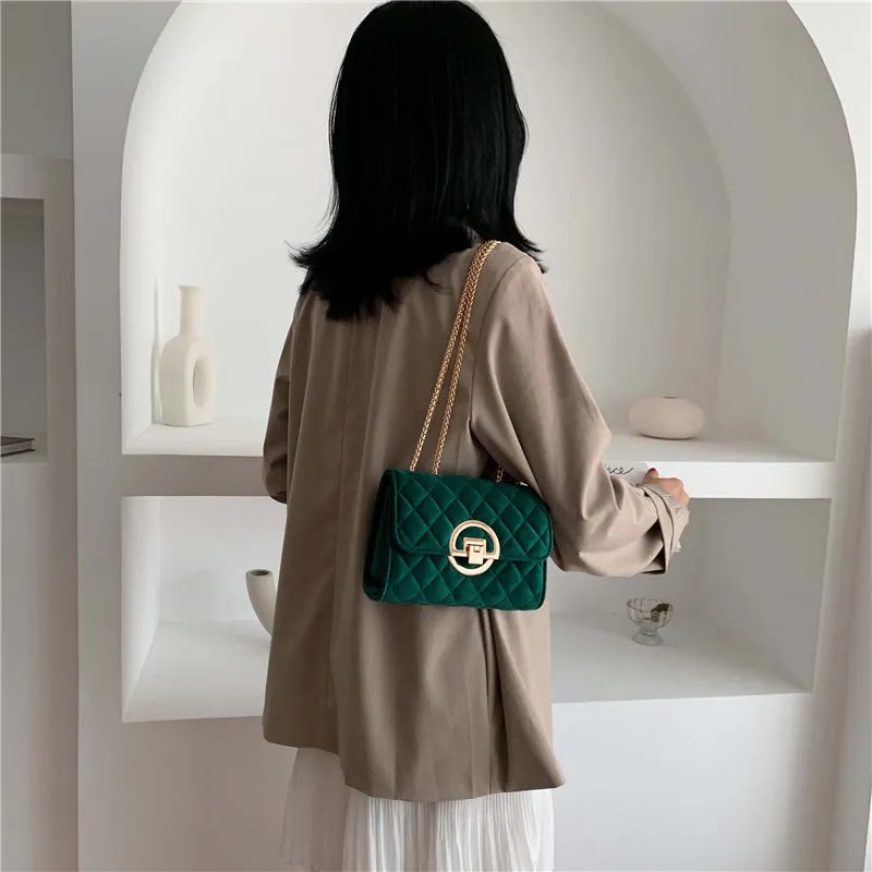 Lingge Embroidery Thread Shoulder Bag Chain Velvet Crossbody Bag