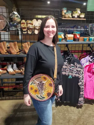 Longhorn Ridge Hand Tooled Round Bag