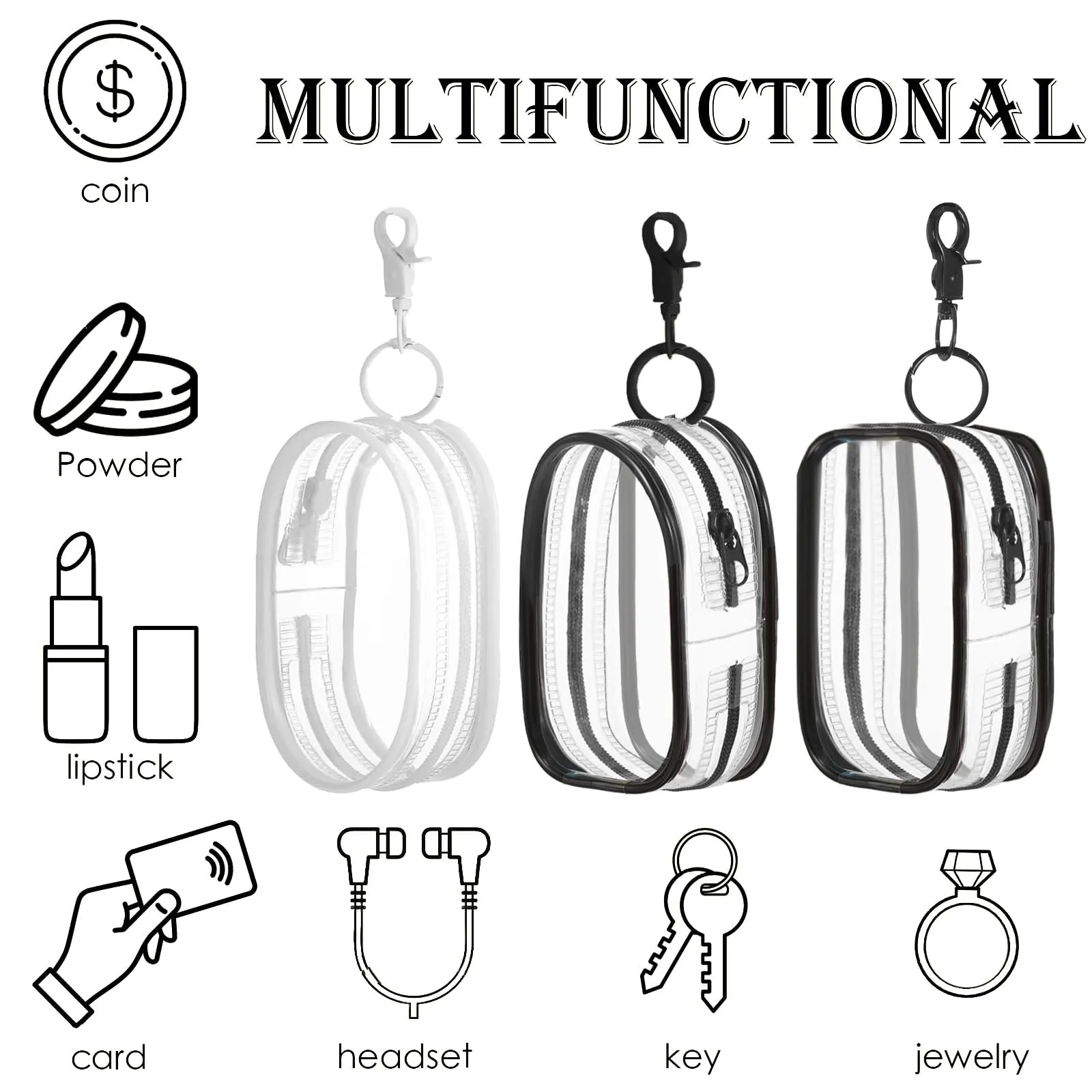 LYDZTION 3Pcs Clear Makeup Bag Mini Makeup Bag Keychain for Women,Waterproof Makeup Bag Key Pocket Lipstick Bag Card Holder Data Cable Organizer Zipper Pouch, Black and White, YANGM-1-06