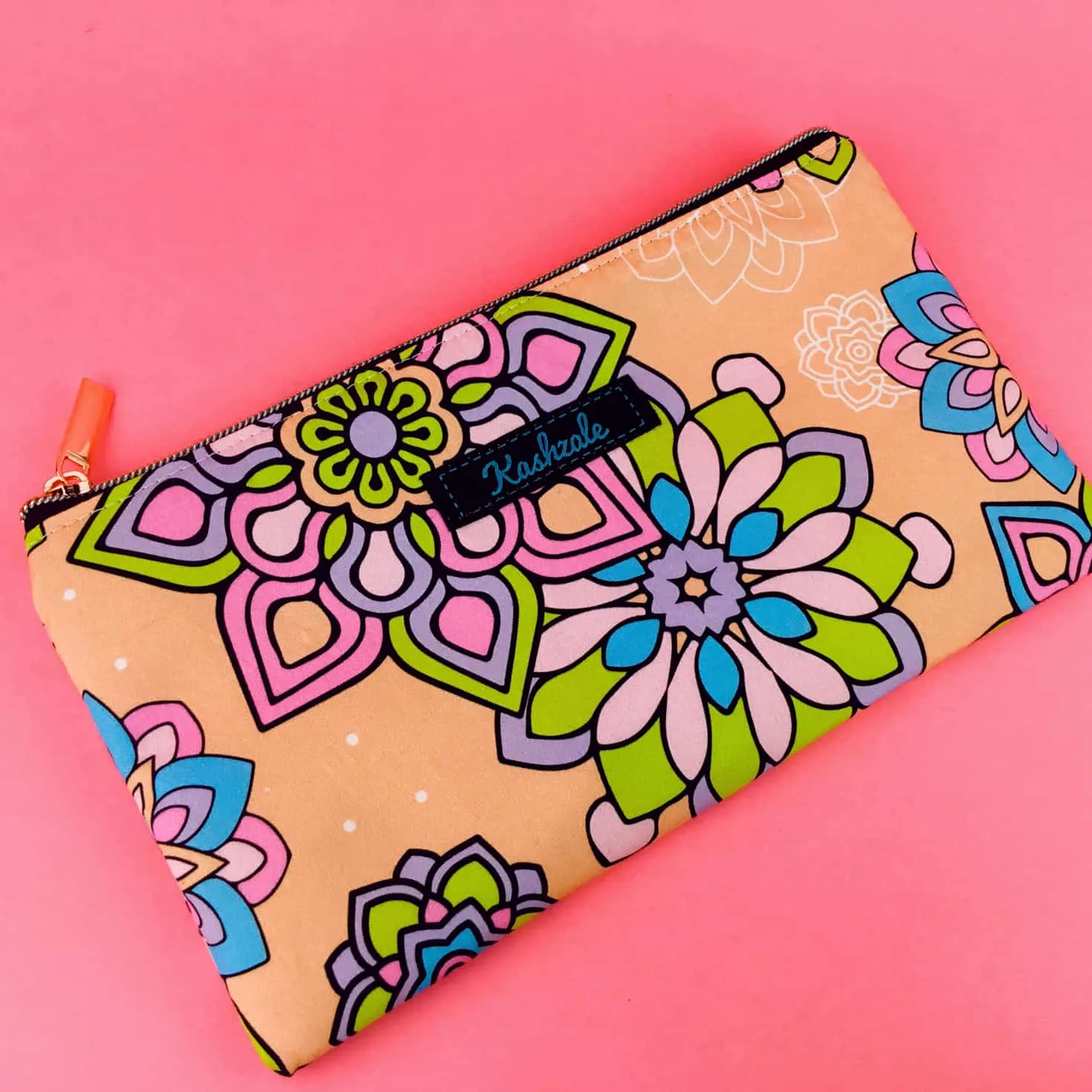 Mandala Magnifica Peach Zipper Pouch, Travel Pouch.  Exclusive Design.