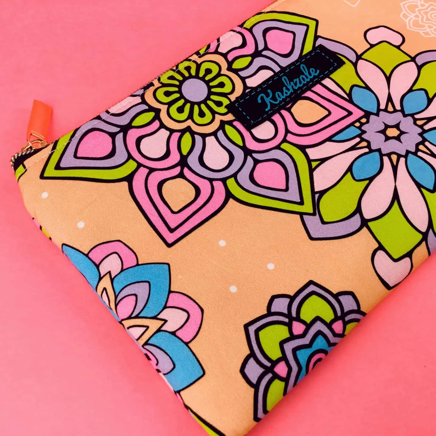 Mandala Magnifica Peach Zipper Pouch, Travel Pouch.  Exclusive Design.