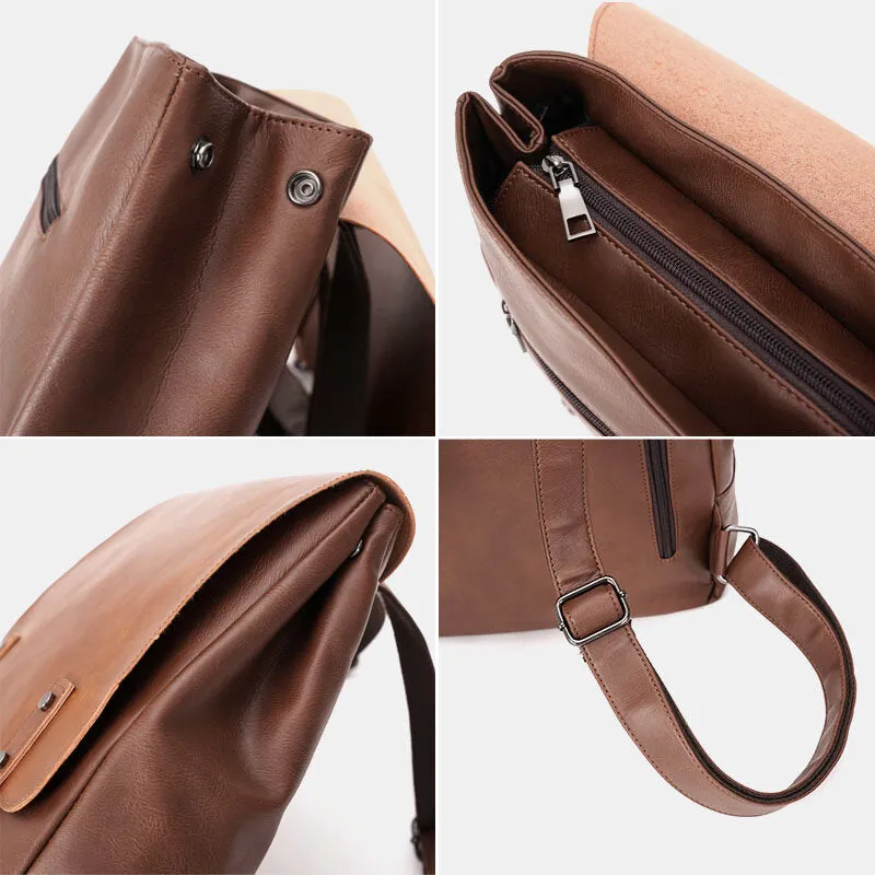 Men PU Leather Multifunction Waterproof Flap-Over Backpack Casual Travel 14 Inch Laptop Bag Student School Bag