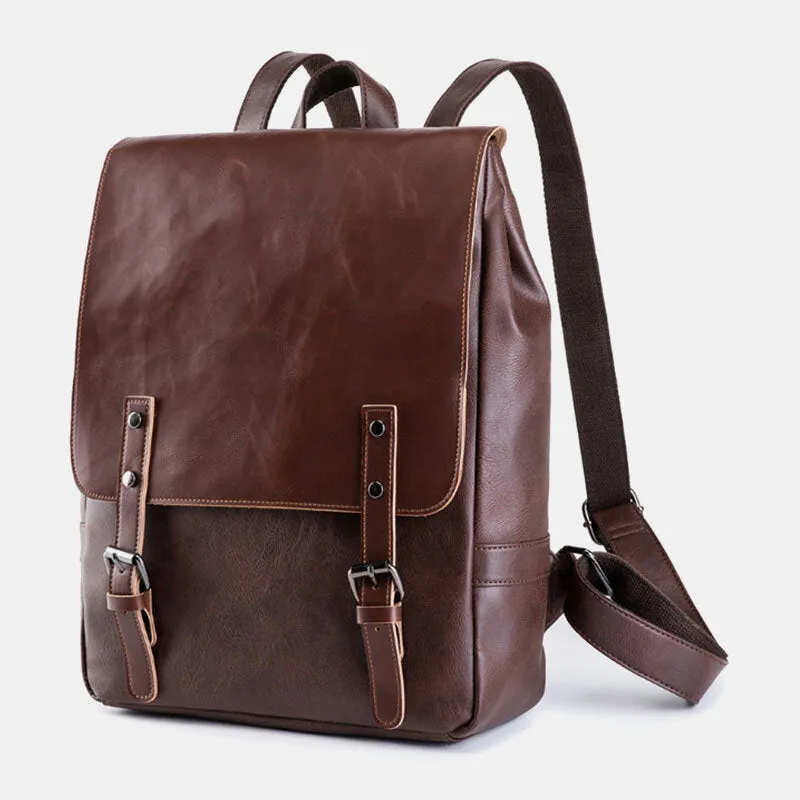 Men PU Leather Multifunction Waterproof Flap-Over Backpack Casual Travel 14 Inch Laptop Bag Student School Bag