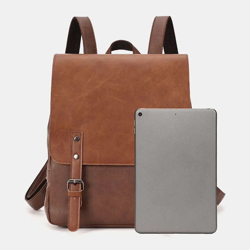 Men PU Leather Multifunction Waterproof Flap-Over Backpack Casual Travel 14 Inch Laptop Bag Student School Bag