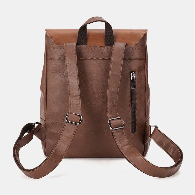 Men PU Leather Multifunction Waterproof Flap-Over Backpack Casual Travel 14 Inch Laptop Bag Student School Bag