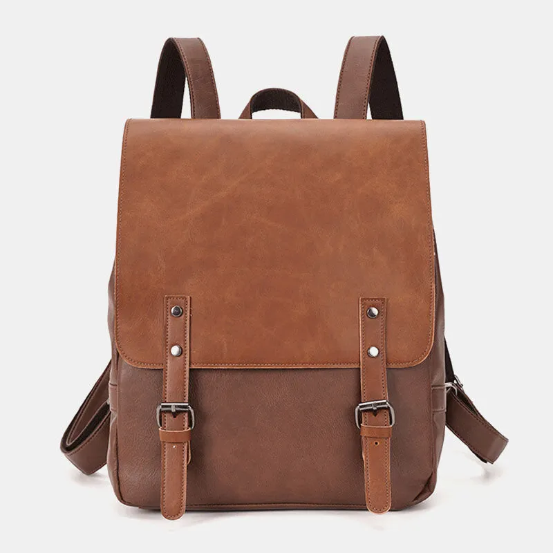 Men PU Leather Multifunction Waterproof Flap-Over Backpack Casual Travel 14 Inch Laptop Bag Student School Bag