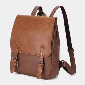 Men PU Leather Multifunction Waterproof Flap-Over Backpack Casual Travel 14 Inch Laptop Bag Student School Bag