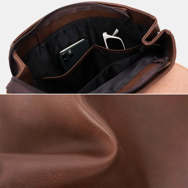 Men PU Leather Multifunction Waterproof Flap-Over Backpack Casual Travel 14 Inch Laptop Bag Student School Bag