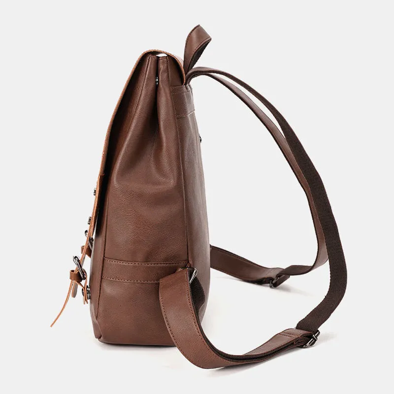 Men PU Leather Multifunction Waterproof Flap-Over Backpack Casual Travel 14 Inch Laptop Bag Student School Bag