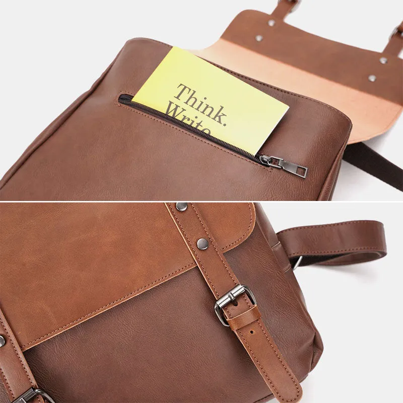 Men PU Leather Multifunction Waterproof Flap-Over Backpack Casual Travel 14 Inch Laptop Bag Student School Bag