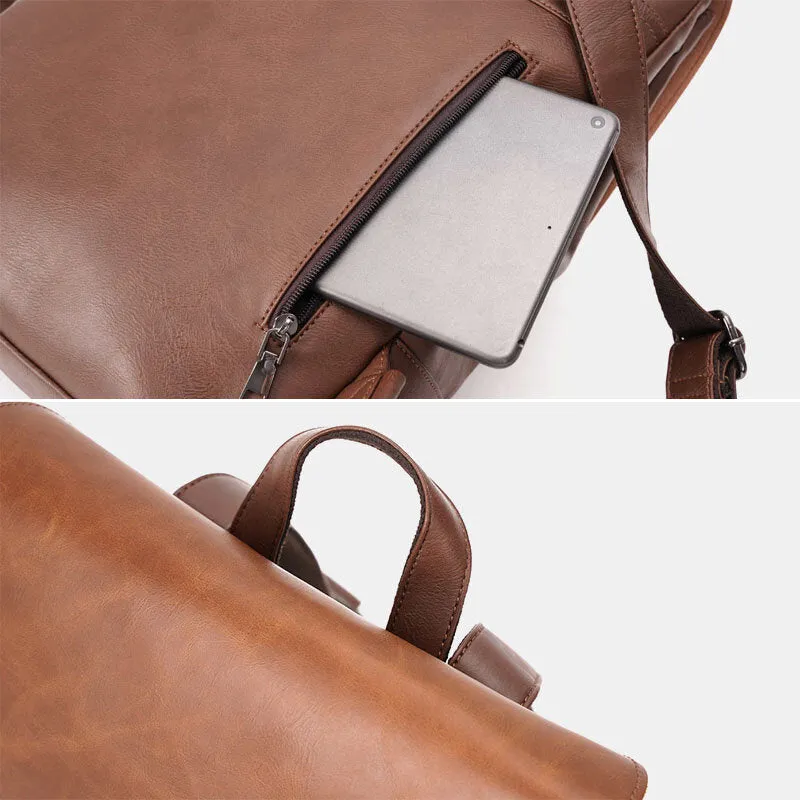 Men PU Leather Multifunction Waterproof Flap-Over Backpack Casual Travel 14 Inch Laptop Bag Student School Bag