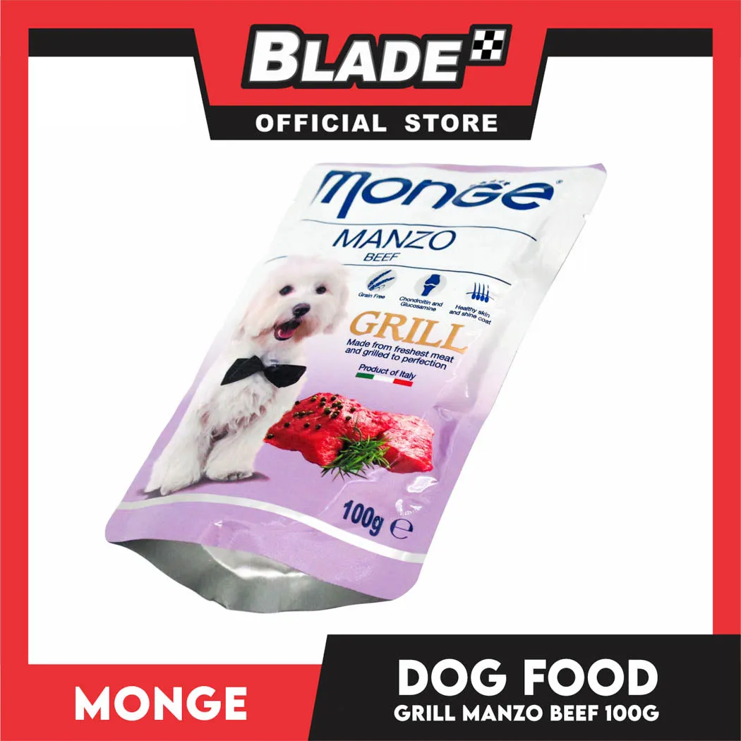 Monge Pouch Grill Chunkies Dog Food 100g (Manzo Beef) Grain Free And Helps Dog Shiny Hair