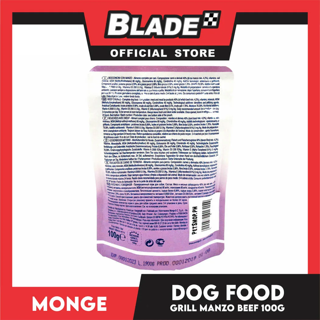 Monge Pouch Grill Chunkies Dog Food 100g (Manzo Beef) Grain Free And Helps Dog Shiny Hair