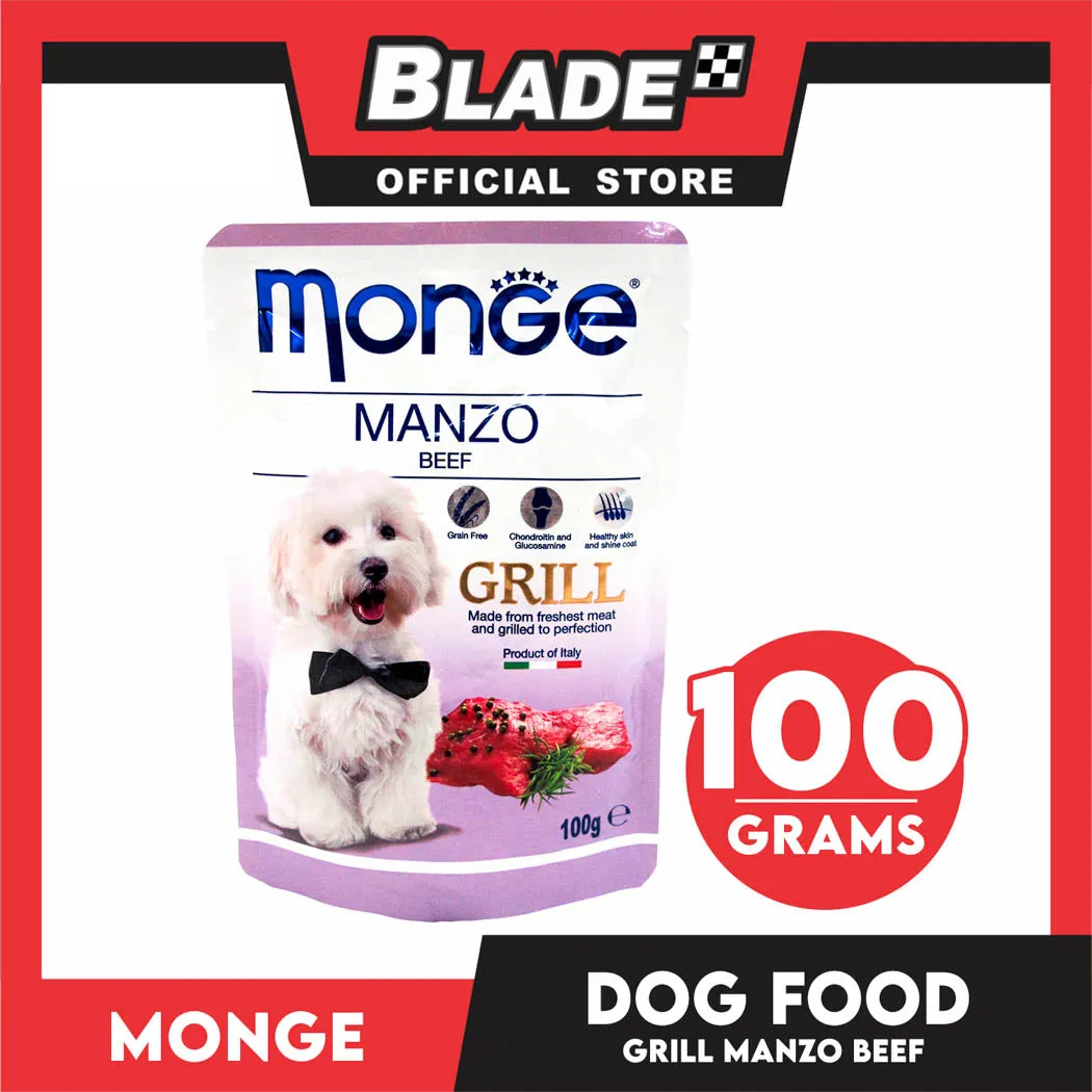 Monge Pouch Grill Chunkies Dog Food 100g (Manzo Beef) Grain Free And Helps Dog Shiny Hair