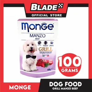 Monge Pouch Grill Chunkies Dog Food 100g (Manzo Beef) Grain Free And Helps Dog Shiny Hair