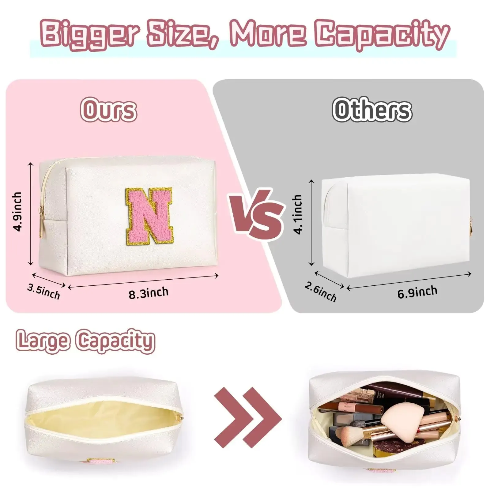 Monogrammed Cosmetic Bag for Women, Preppy Small PU Leather Makeup & Toiletry Bag, Pearly White-Pink