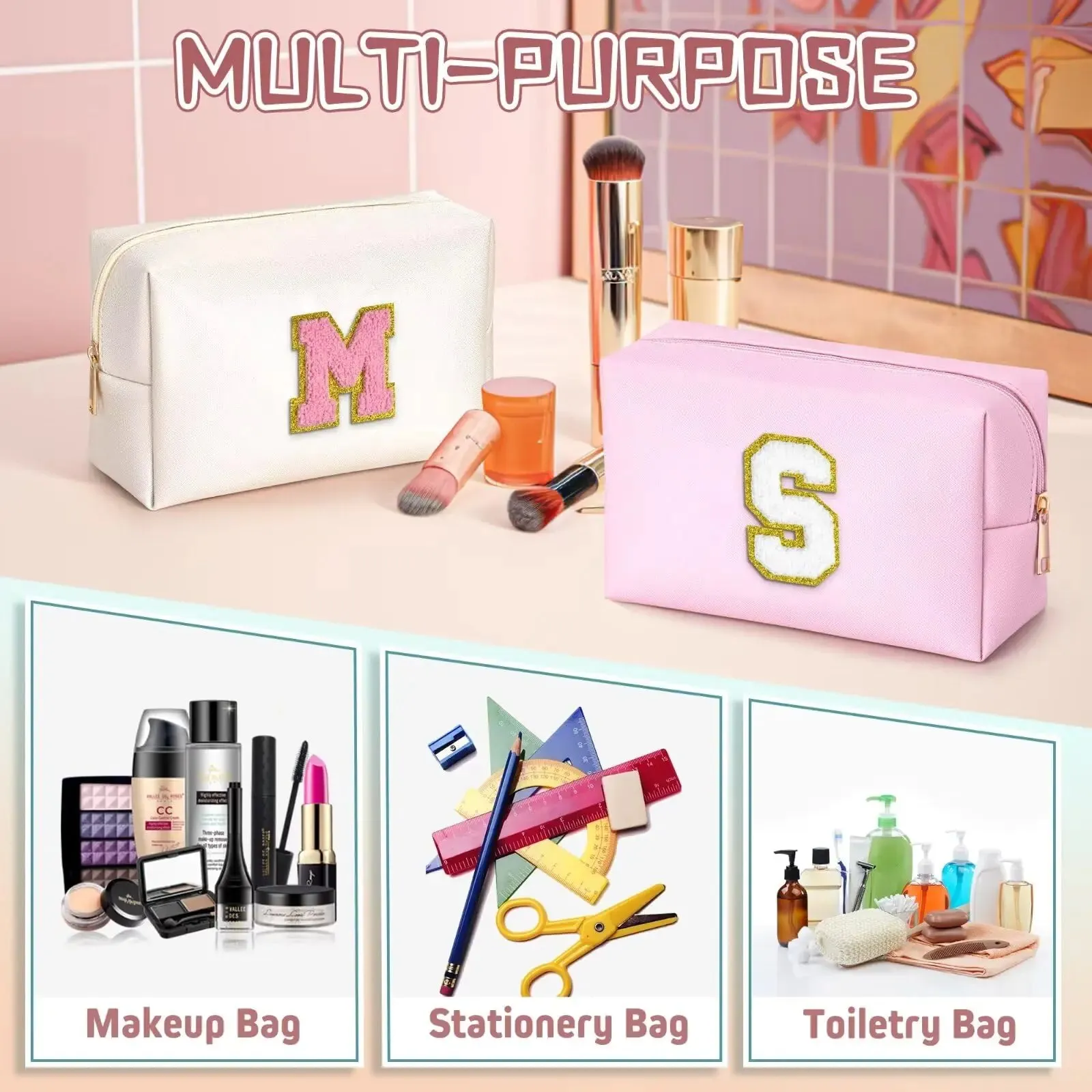 Monogrammed Cosmetic Bag for Women, Preppy Small PU Leather Makeup & Toiletry Bag, Pearly White-Pink
