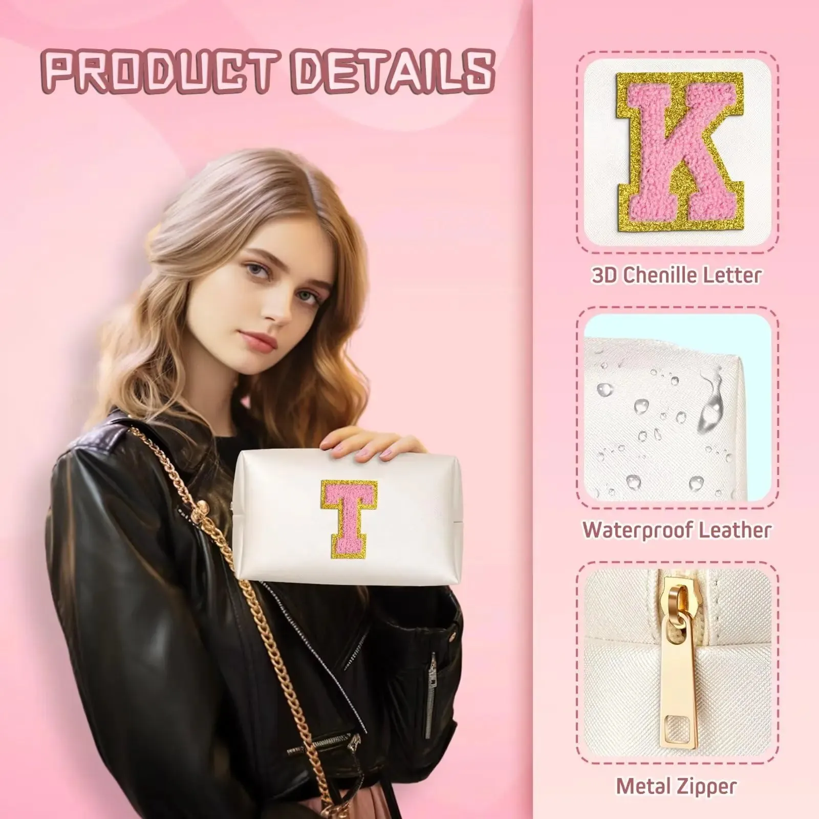 Monogrammed Cosmetic Bag for Women, Preppy Small PU Leather Makeup & Toiletry Bag, Pearly White-Pink